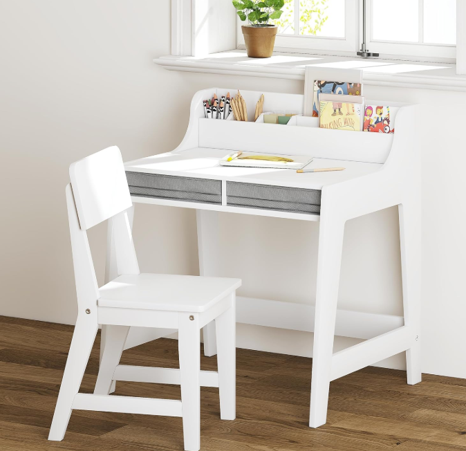 Kids Desk and Chair Set, Study Desk for Kids with Storage Bins, Wooden Children Study Table, Student Writing Desk for Bedroom & Study Room