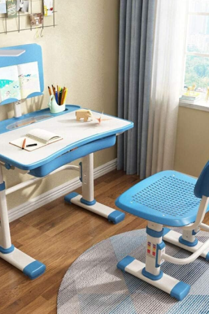 Kids Desk and Chair Set, Height Adjustable Children School Study Desk with Tilt Desktop, Bookstand, LED Lamp, Metal Hook and Storage Drawer for Boys Girls, Blue