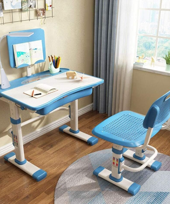 Kids Desk and Chair Set, Height Adjustable Children School Study Desk with Tilt Desktop, Bookstand, LED Lamp, Metal Hook and Storage Drawer for Boys Girls, Blue