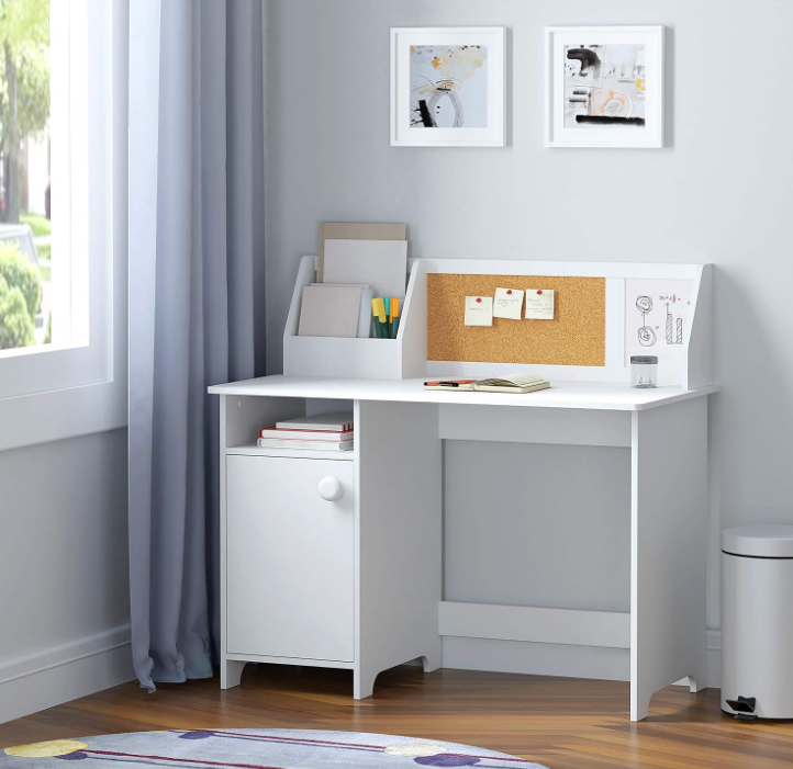 Kids Study Desk with Storage, Wooden Children School Study Table with Hutch and Storage Cabinet for 3-8 Years Girls Boys, Student's Study Computer Workstation Writing Table, White