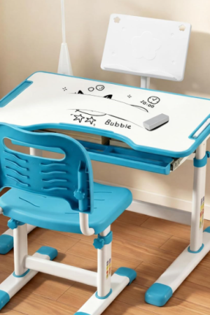 Kids Functional Desk and Chair Set, Ergonomic Height Adjustable Children School Study Desk with Tilt Desktop, Book Stand, LED Light, Metal Hook and Storage Drawer for Boys Girls(Blue)