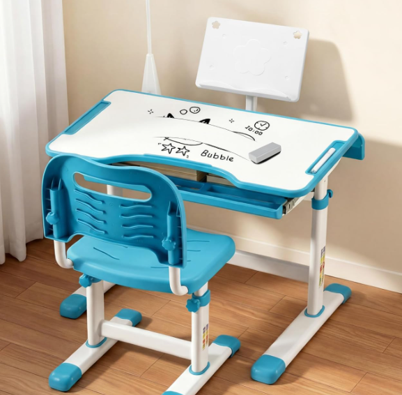 Kids Functional Desk and Chair Set, Ergonomic Height Adjustable Children School Study Desk with Tilt Desktop, Book Stand, LED Light, Metal Hook and Storage Drawer for Boys Girls(Blue)