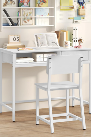 Kids Desk and Chair Set, Student Writing Desk, Kids Study Desk with Book Sorter and Fabric Drawer, Kids Wooden Study Table, for Study, Kids Room, Bedroom, White