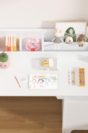 White Kids Desk with Chair, Study Desk for Boys Girls with Hutch, Storage Cabinet, Wooden Children Study Table, Student Writing Desk Computer Workstation for Kids Bedroom & Study Room,White