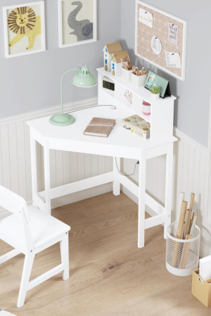 Kids Desk, Kids Corner Desk and Chair Set, Children Study Table with Storage and Hutch for Home School Use, White
