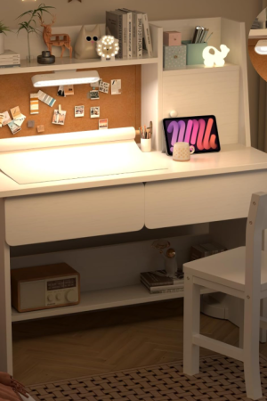 Kids Study Desk with 3-Color Lights, White Desk and Chair Set for 5-12 Year Old, Drawing Desk with Wooden Tabletop Paper Roll Dispenser, Study Table with Drawers and Storage Shelf-